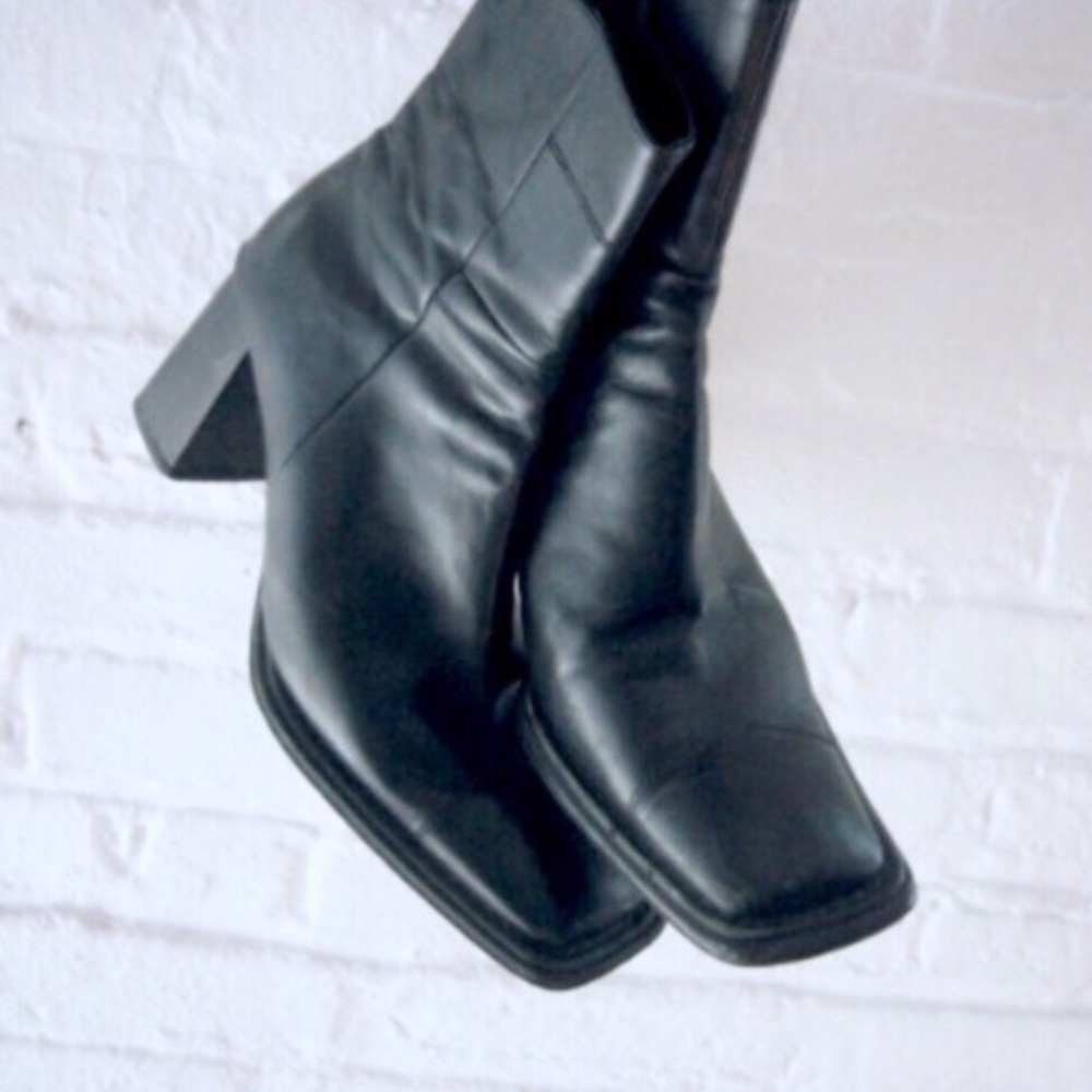Vintage Black Ankle Boots Square Toe Leather Upper